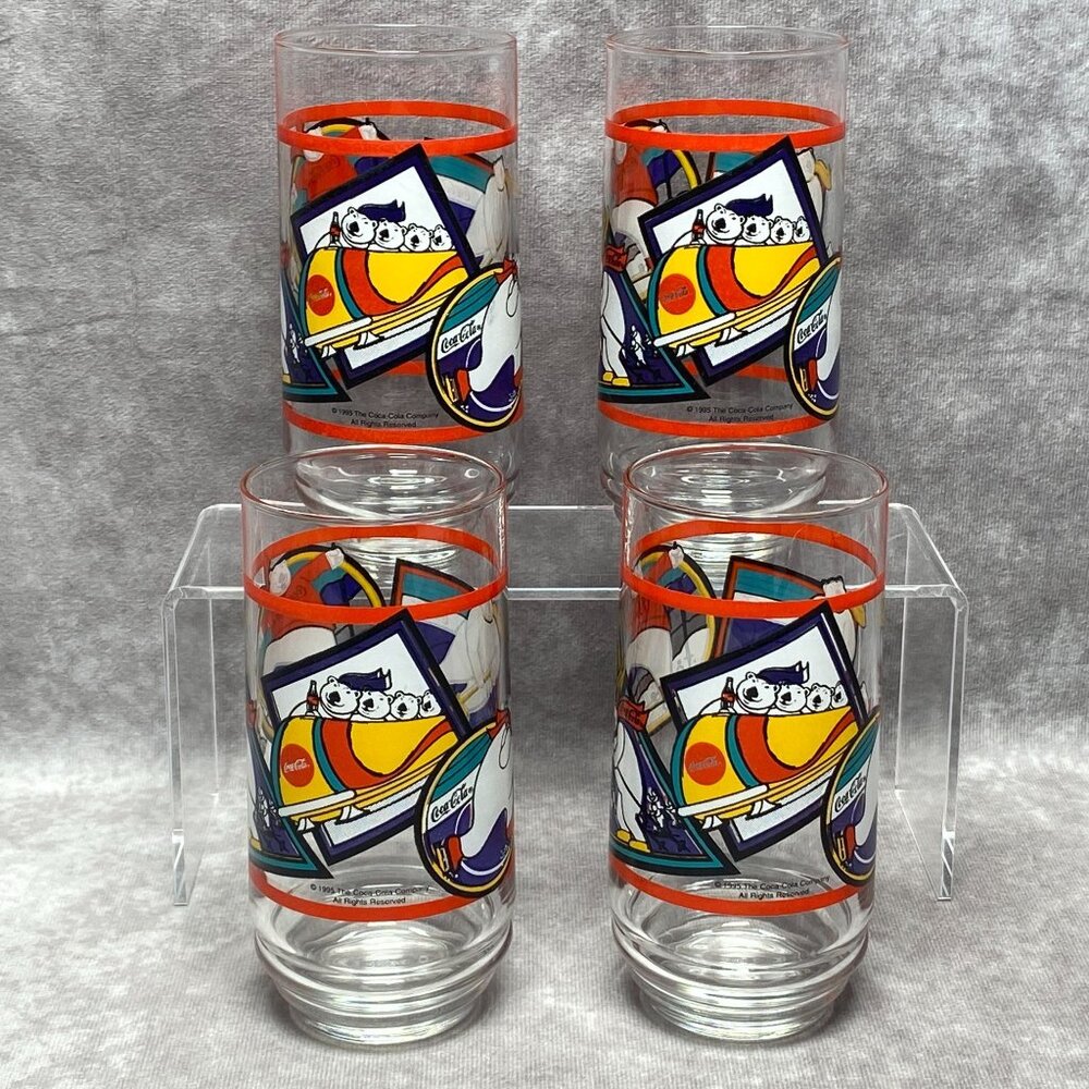 1995 Coca-Cola Polar Bear Glasses Set Of 4 Vintage Winter Sports 14 Oz